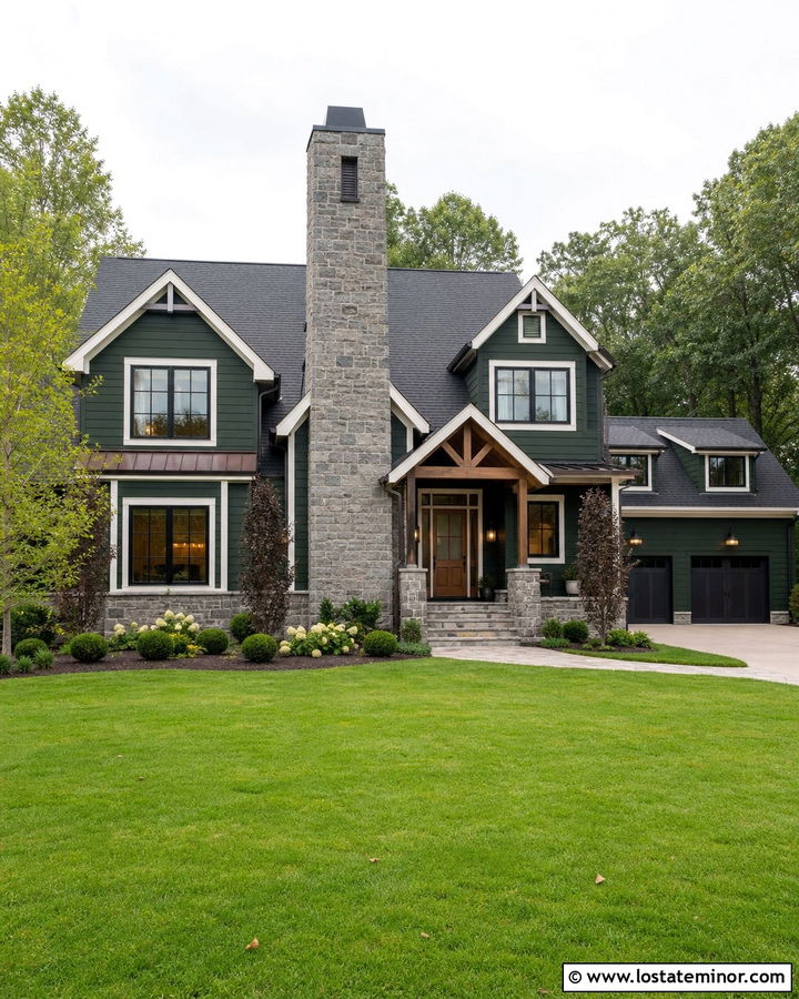 Hunter Green Transitional House With Central Stone Chimney - 30 Hunter Green House Design With Chimney Ideas