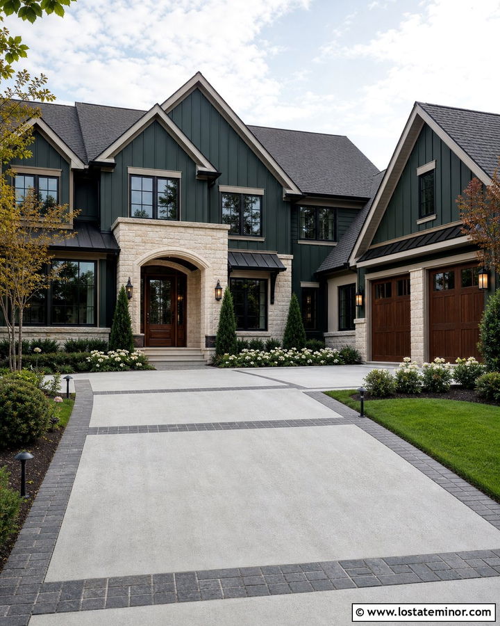 Hunter Green Transitional House With Mixed Material Driveway - 30 Hunter Green House Design With Driveway Ideas