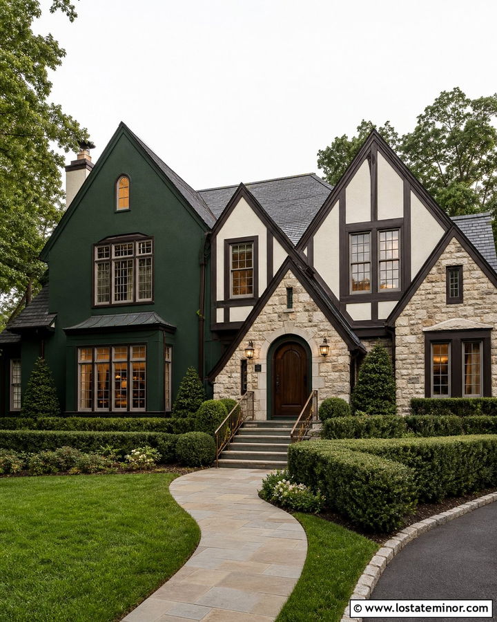 Hunter Green Tudor House With Bronze Railings - 30 Hunter Green House Design With Railings Ideas