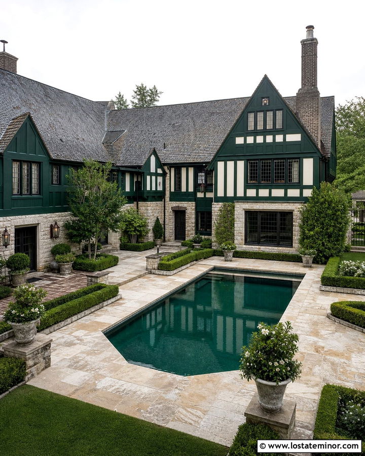 Hunter Green Tudor House With Courtyard Pool - 30 Hunter Green House Design With Swimming Pool Ideas