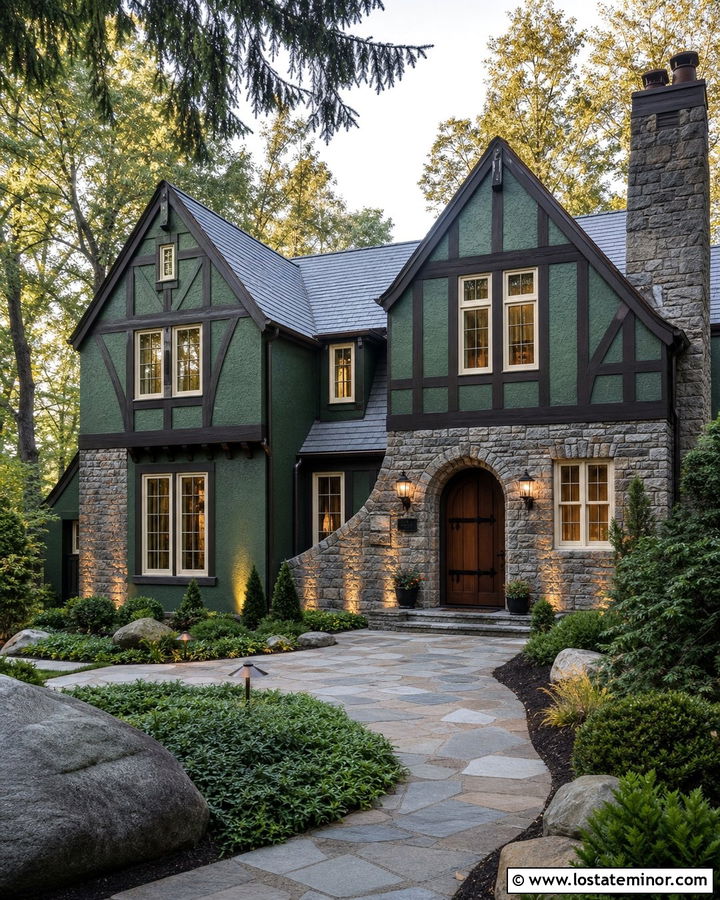 Hunter Green Tudor House With Stone Uplighting - 30 Hunter Green House Design With Lighting Ideas