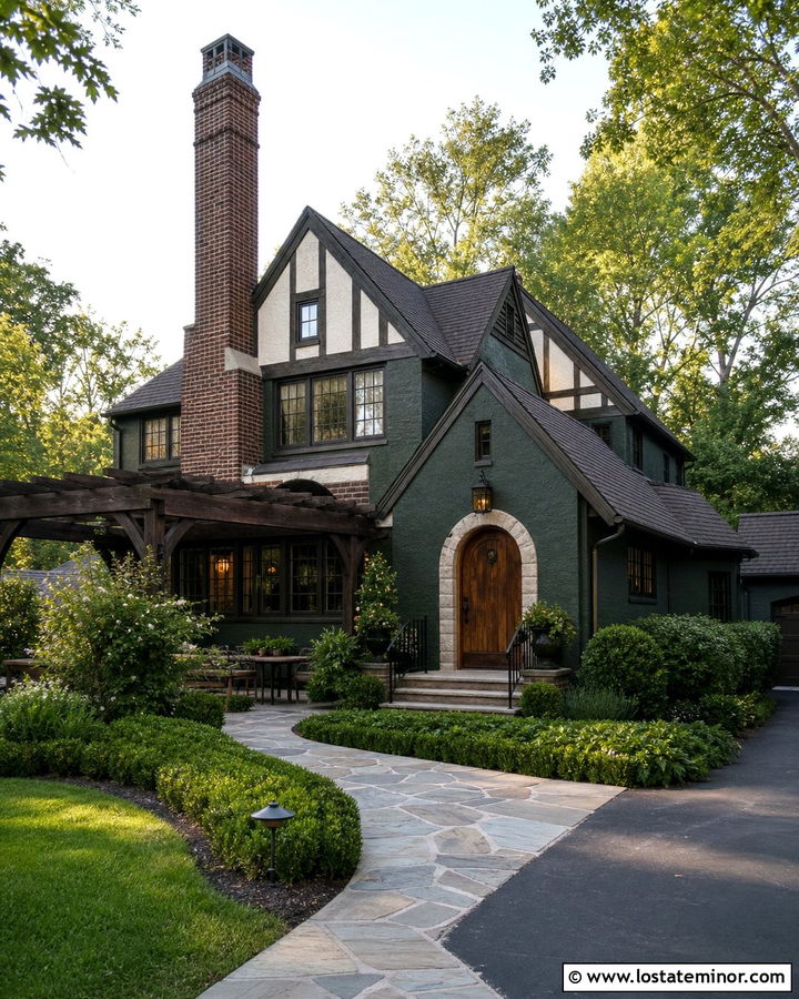 Hunter Green Tudor House With Timber Pergola - 30 Hunter Green House Design With Pergola Ideas