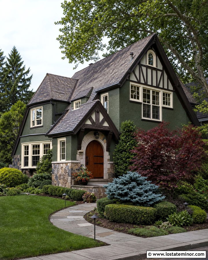 Hunter Green Tudor House With Timber Portico - 30 Hunter Green House Design With Portico Ideas