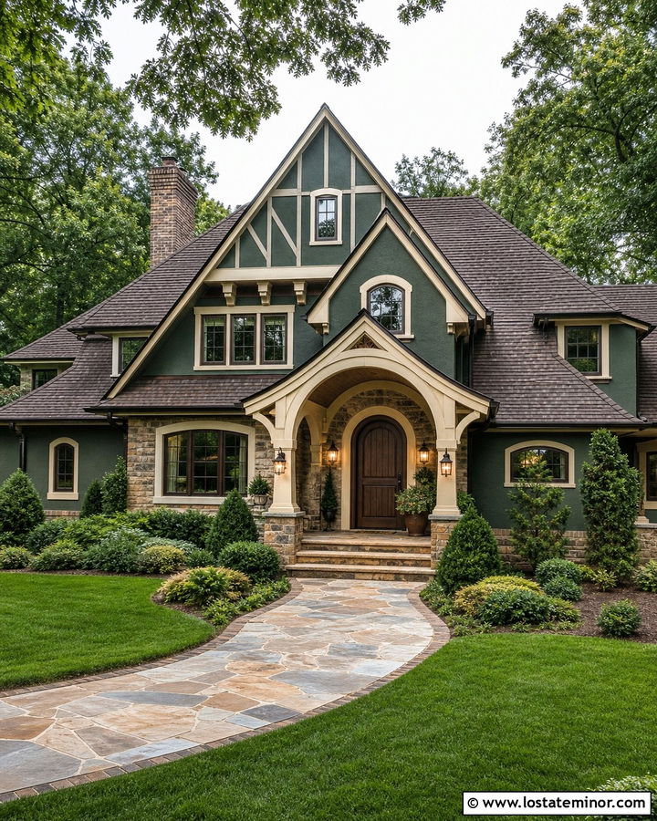 Hunter Green Tudor With Arched Front Porch - 30 Hunter Green House Design With Front Porch Ideas