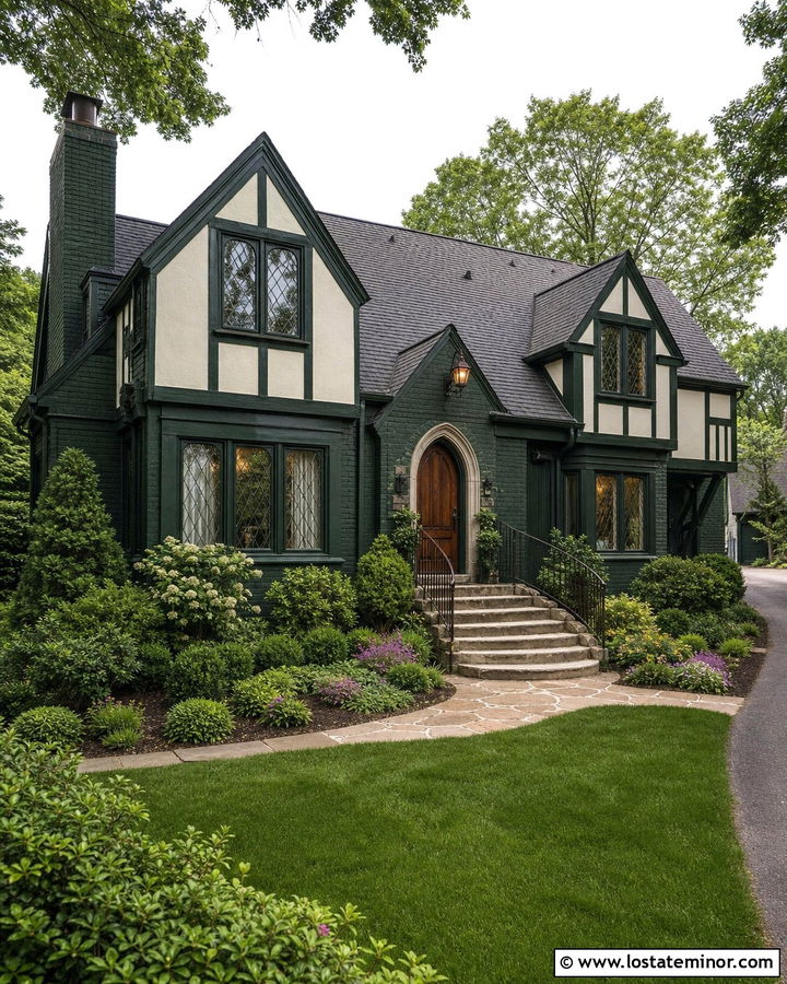 Hunter Green Tudor With Arched Stone Steps - 30 Hunter Green House Design With Steps Ideas