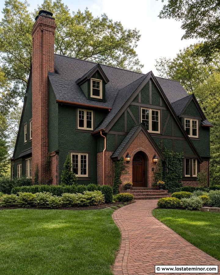 Hunter Green Tudor With Brick Accents - 30 Hunter Green House Design With Brick Accents Ideas