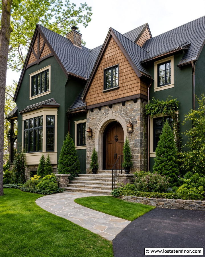 Hunter Green Tudor With Cedar Shake And Stone - 30 Hunter Green House Design With Cedar Shake Ideas