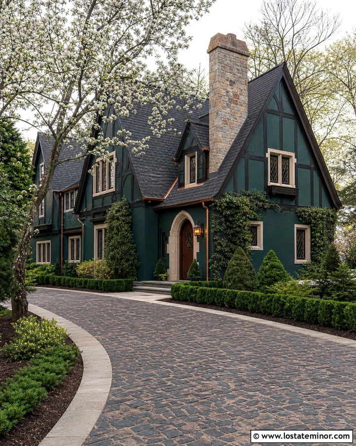 Hunter Green Tudor With Cobblestone Driveway - 30 Hunter Green House Design With Driveway Ideas