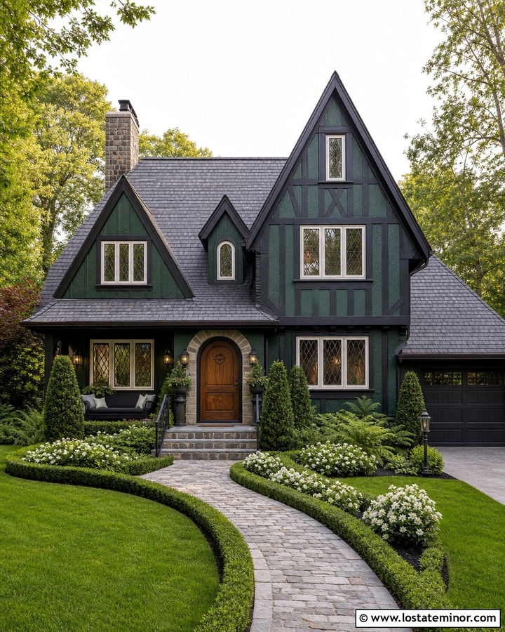 Hunter Green Tudor With Cobblestone Walkway - 30 Hunter Green House Design With Walkway Ideas