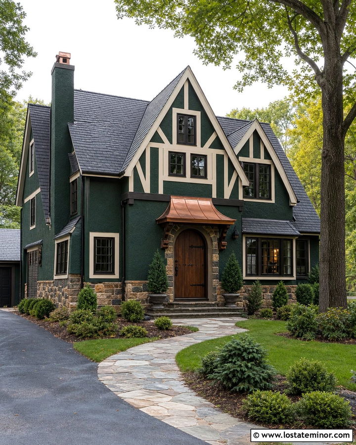Hunter Green Tudor With Copper Entry Awning - 30 Hunter Green House Design With Awning Ideas