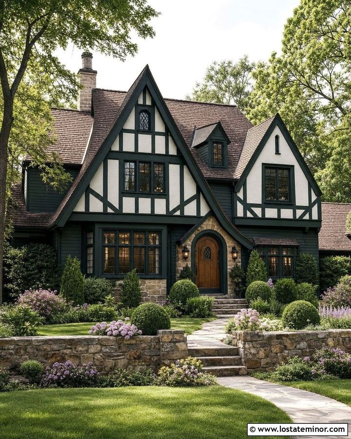 Hunter Green Tudor With Cream Stucco Landscaping - 30 Hunter Green House Design With Landscaping Ideas