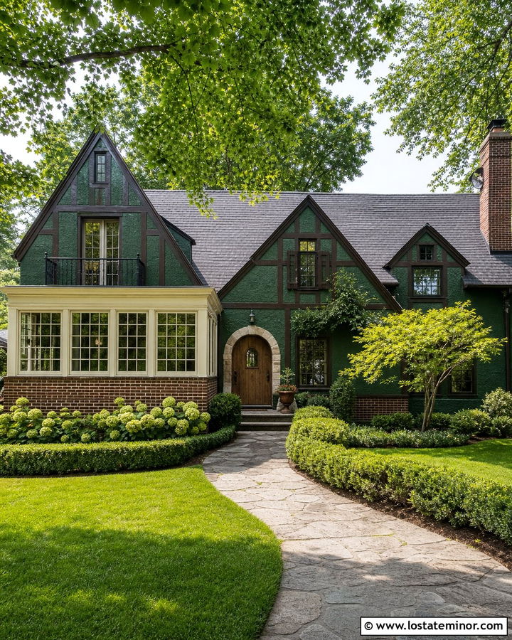 Hunter Green Tudor With Cream Sunroom - 30 Hunter Green House Design With Sunroom Ideas