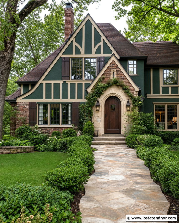 Hunter Green Tudor With Dark Bronze Shutters - 30 Hunter Green House Design With Shutters Ideas