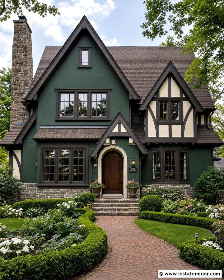 Hunter Green Tudor With Dark Brown Window Frames - 30 Hunter Green House Design With Window Frames Ideas