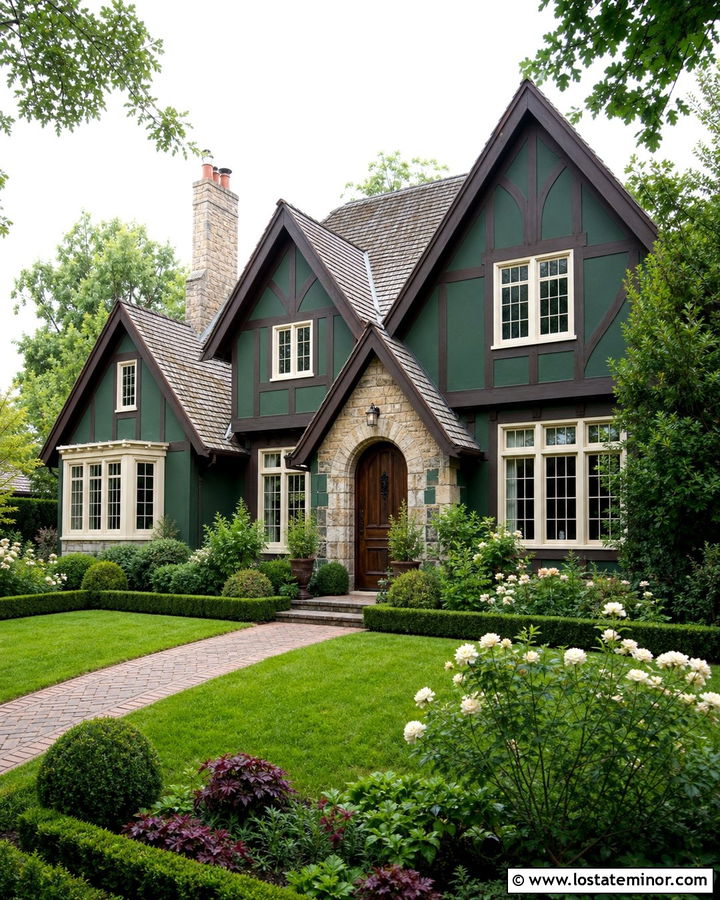 Hunter Green Tudor With Formal Front Yard - 30 Hunter Green House Design With Front Yard Ideas