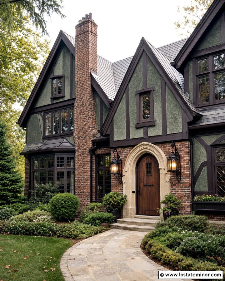 Hunter Green Tudor With Leaded Glass Lanterns - 30 Hunter Green House Design With Light Fixtures Ideas
