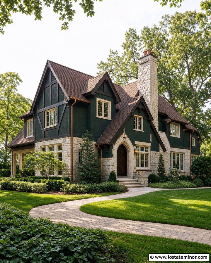 Hunter Green Tudor With Limestone Accents - 30 Hunter Green House Design With Stone Accents Ideas