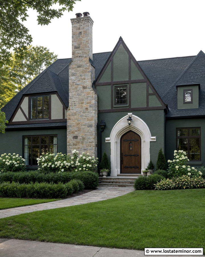 Hunter Green Tudor With Stone Chimney - 30 Hunter Green House Design With Chimney Ideas
