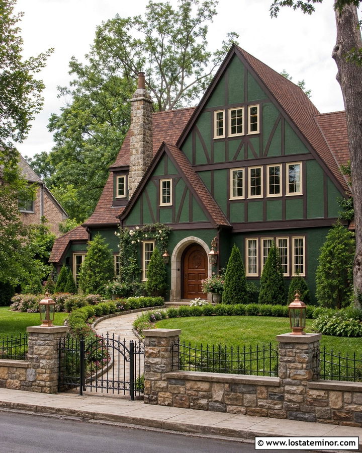 Hunter Green Tudor With Stone Pillar Fence - 30 Hunter Green House Design With Fence Ideas