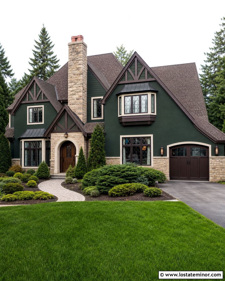 Hunter Green Tudor With Tan Stone Wainscoting - 30 Hunter Green House Design With Wainscoting Ideas