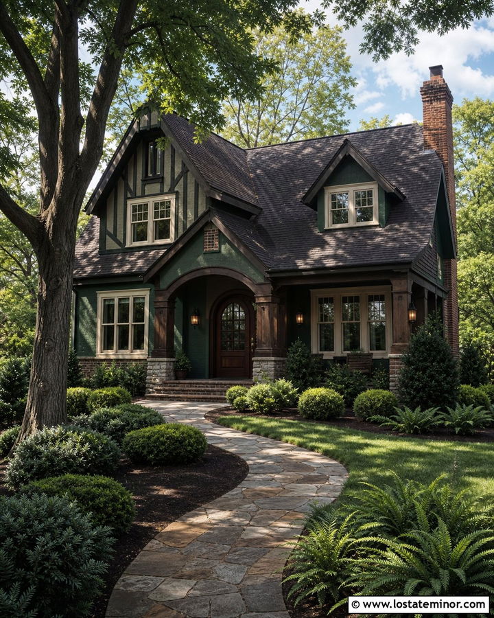 Hunter Green Tudor With Timber Porch Columns - 30 Hunter Green House Design With Porch Columns Ideas