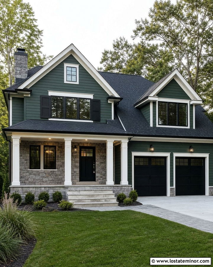 Hunter Green Two Story House With Black Window Frames - 30 Hunter Green House Design With Window Frames Ideas