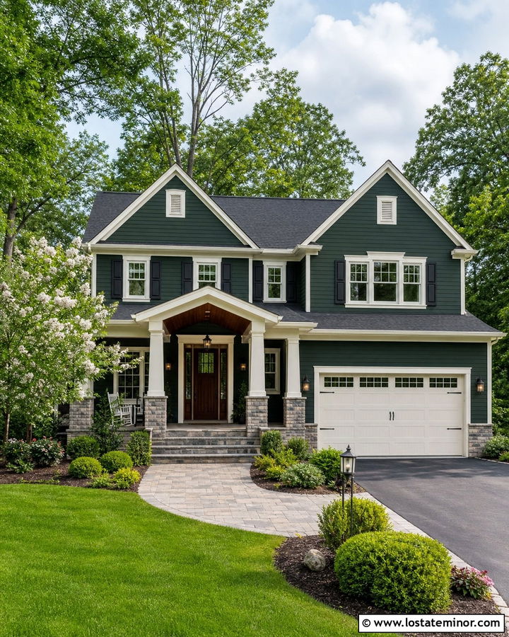Hunter Green Two Story House With Garage Portico - 30 Hunter Green House Design With Portico Ideas