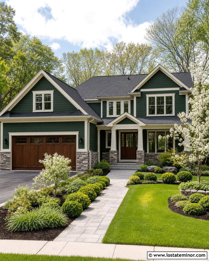 Hunter Green Two Story House With Ledgestone Wainscoting - 30 Hunter Green House Design With Wainscoting Ideas
