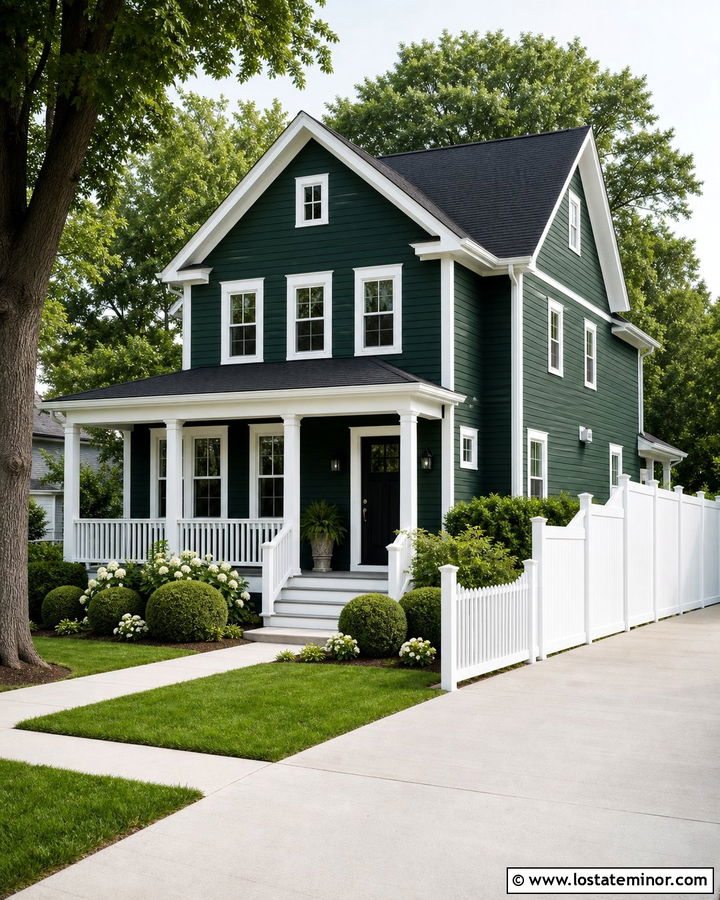Hunter Green Two Story House With White Privacy Fence - 30 Hunter Green House Design With Fence Ideas