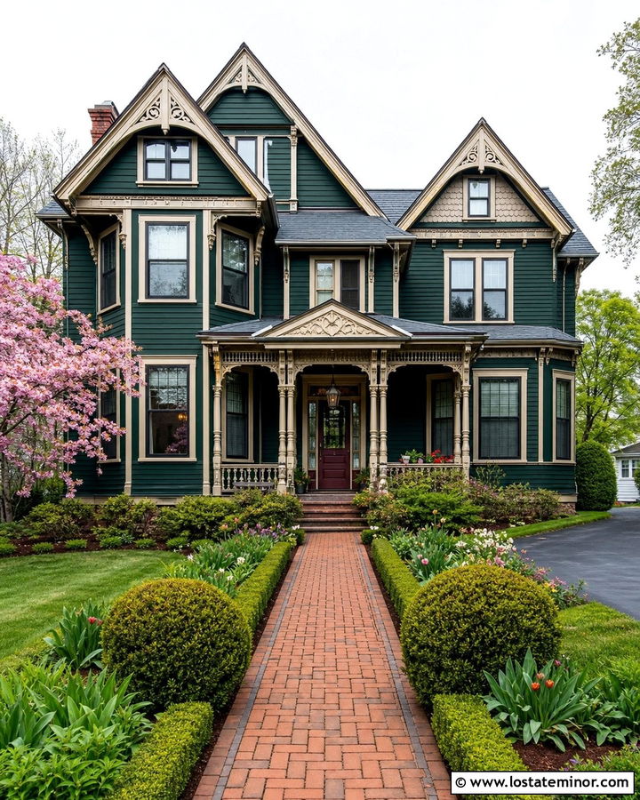Hunter Green Victorian House With Decorative Portico - 30 Hunter Green House Design With Portico Ideas