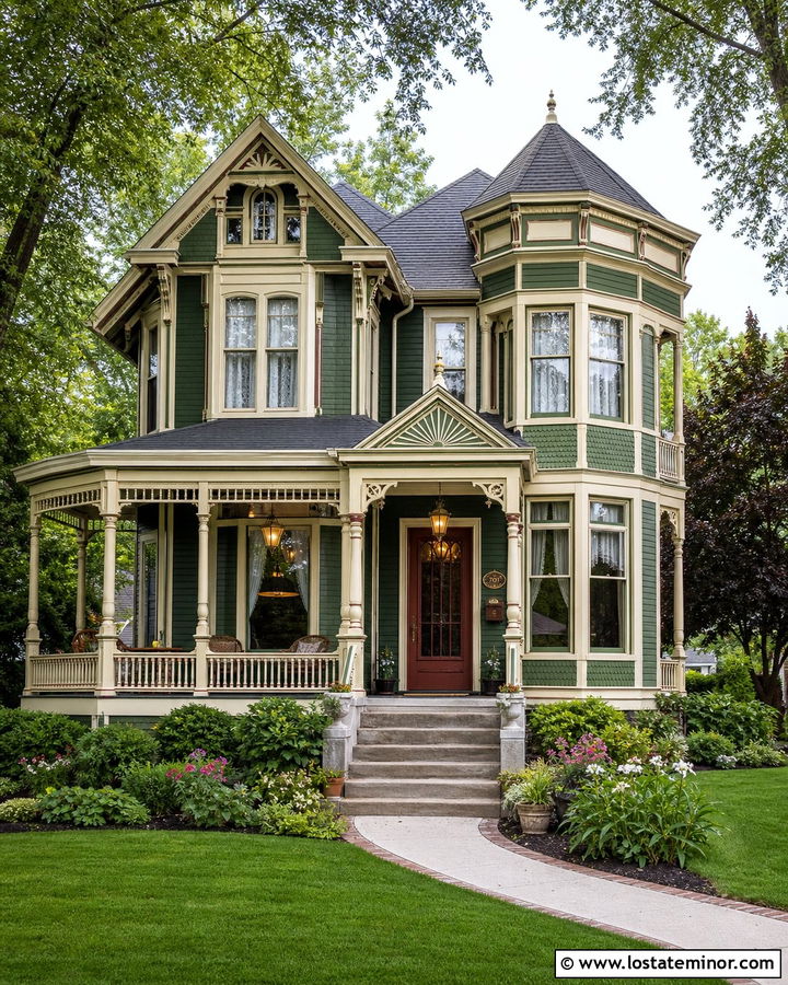Hunter Green Victorian House With Hanging Porch Lights - 30 Hunter Green House Design With Lighting Ideas