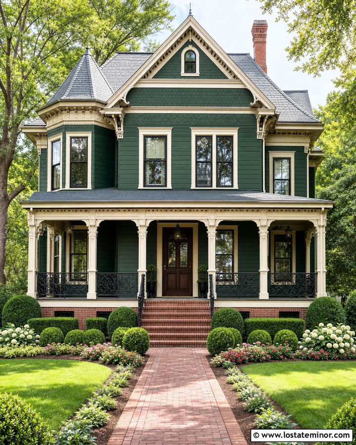 Hunter Green Victorian House With Iron Railings - 30 Hunter Green House Design With Railings Ideas