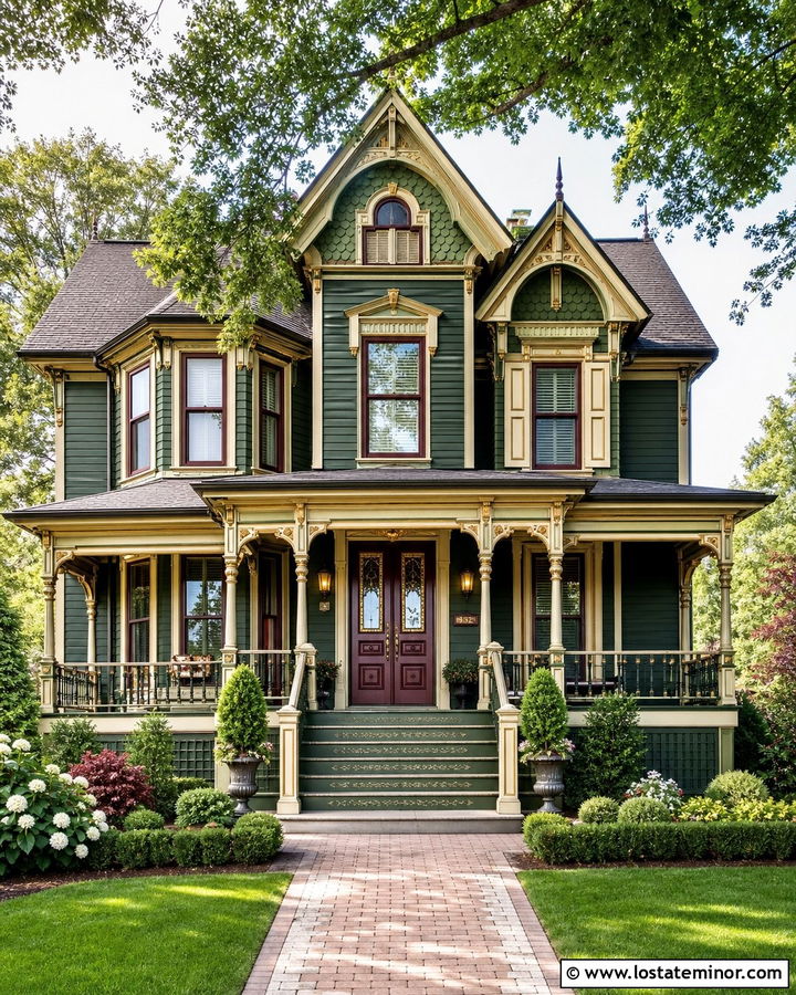 Hunter Green Victorian With Brass Carriage Lights - 30 Hunter Green House Design With Light Fixtures Ideas