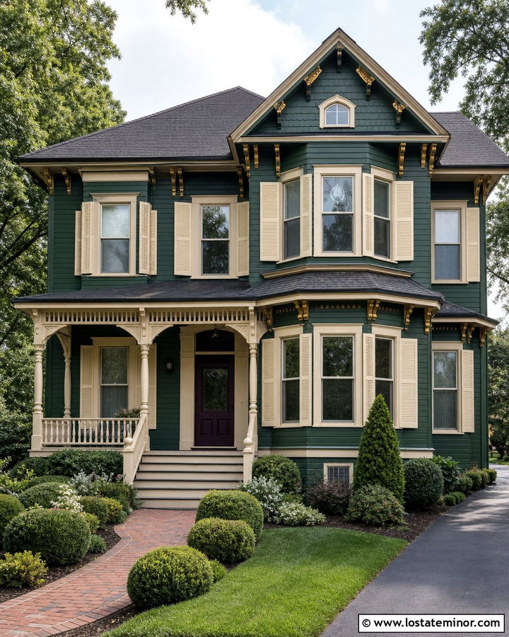 Hunter Green Victorian With Cream Shutters - 30 Hunter Green House Design With Shutters Ideas