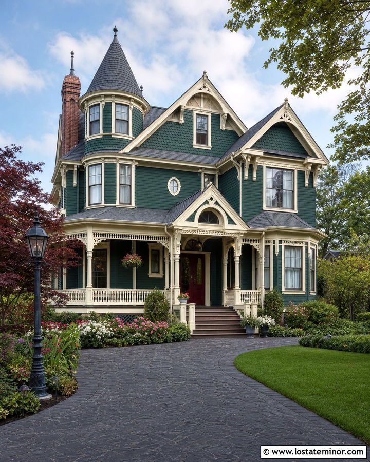 Hunter Green Victorian With Curved Paver Driveway - 30 Hunter Green House Design With Driveway Ideas