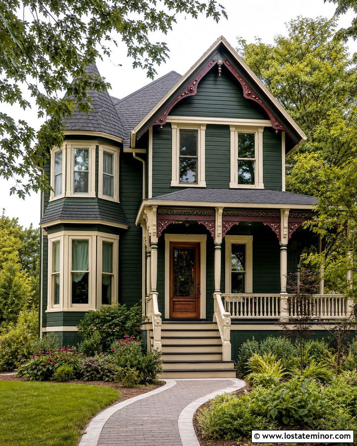 Hunter Green Victorian With Decorative Front Steps - 30 Hunter Green House Design With Steps Ideas