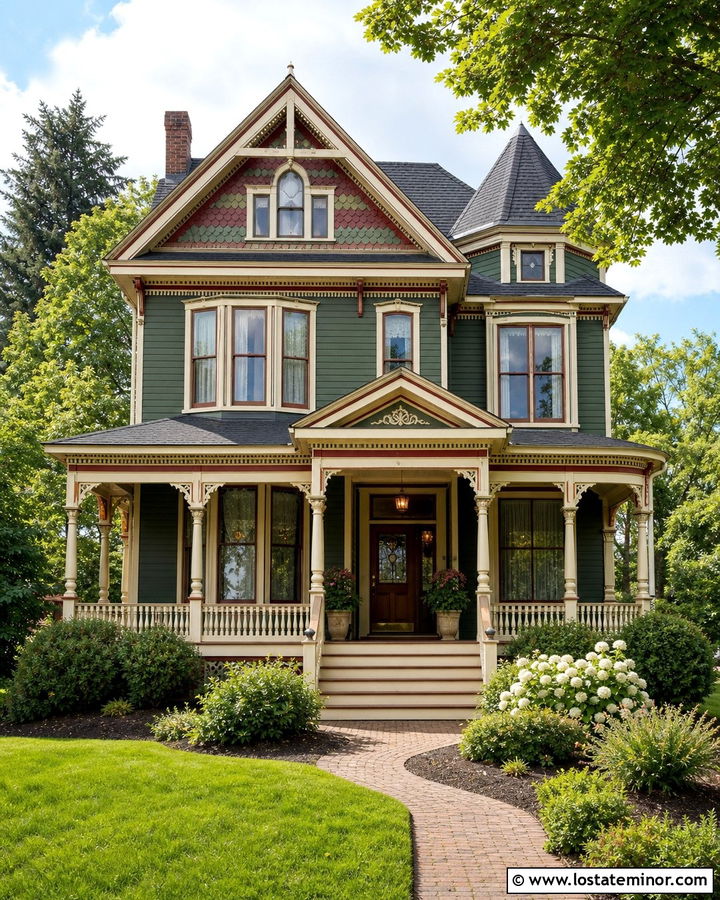 Hunter Green Victorian With Decorative Gables - 30 Hunter Green House Design With Gables Ideas