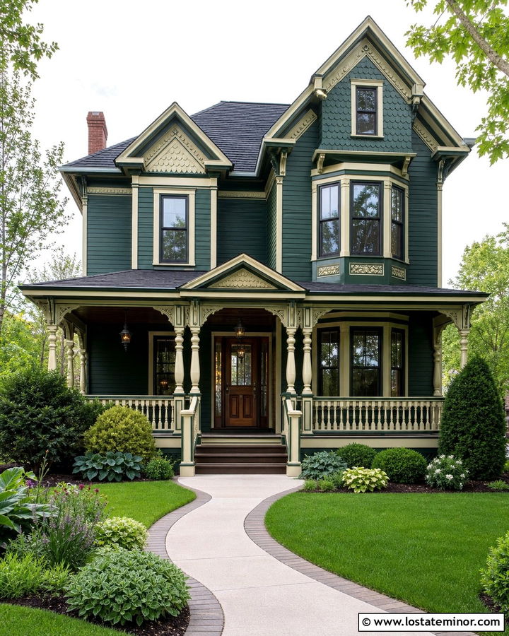 Hunter Green Victorian With Detailed Front Porch - 30 Hunter Green House Design With Front Porch Ideas