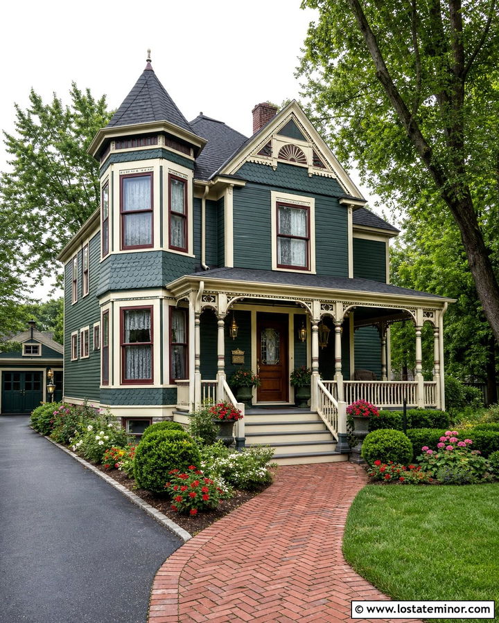 Hunter Green Victorian With Herringbone Brick Walkway - 30 Hunter Green House Design With Walkway Ideas
