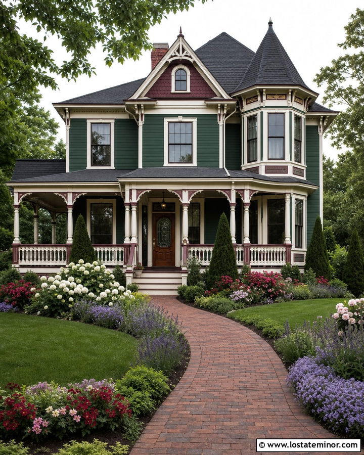 Hunter Green Victorian With Layered Flower Beds - 30 Hunter Green House Design With Front Yard Ideas