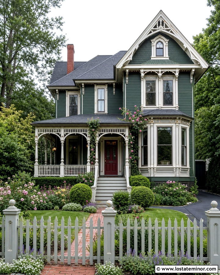 Hunter Green Victorian With Pale Gray Picket Fence - 30 Hunter Green House Design With Fence Ideas