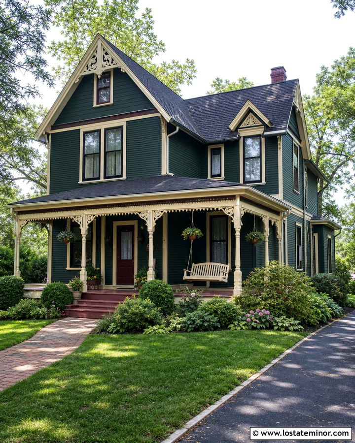 Hunter Green Victorian With Porch Swing - 30 Hunter Green House Design With Swing Ideas