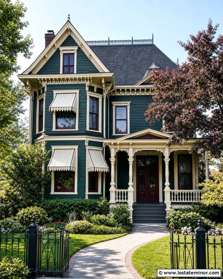 Hunter Green Victorian With Spear Point Awnings - 30 Hunter Green House Design With Awning Ideas