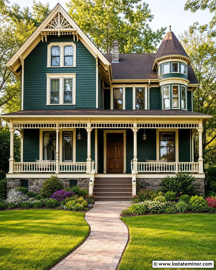 Hunter Green Victorian With Stone Foundation - 30 Hunter Green House Design With Stone Accents Ideas