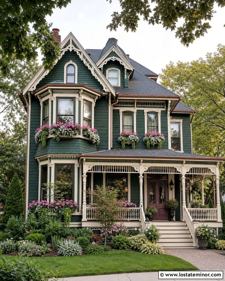 Hunter Green Victorian With White Window Boxes - 30 Hunter Green House Design With Window Boxes Ideas