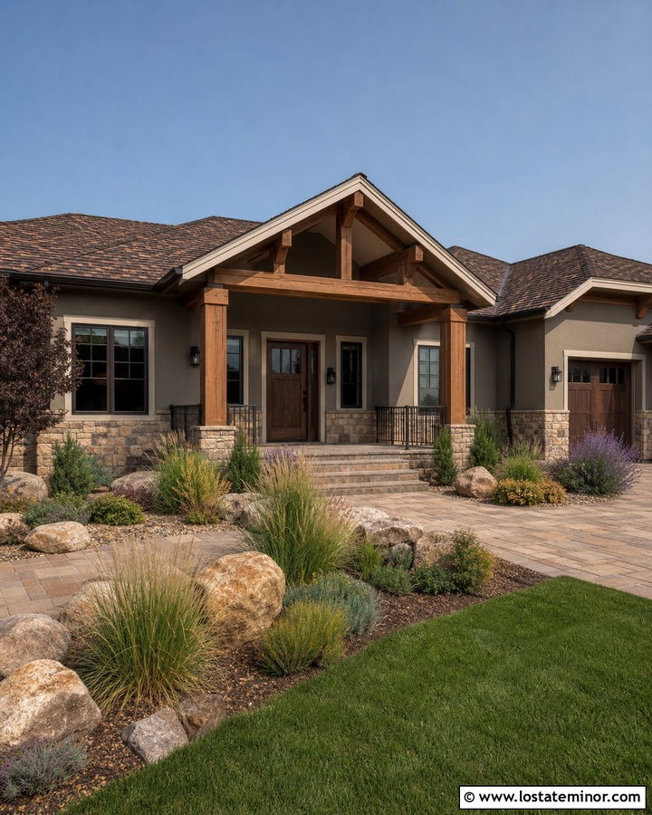 Indian River Ranch With Chunky Wood Porch Columns - 30 Taupe House Design With Porch Columns Ideas