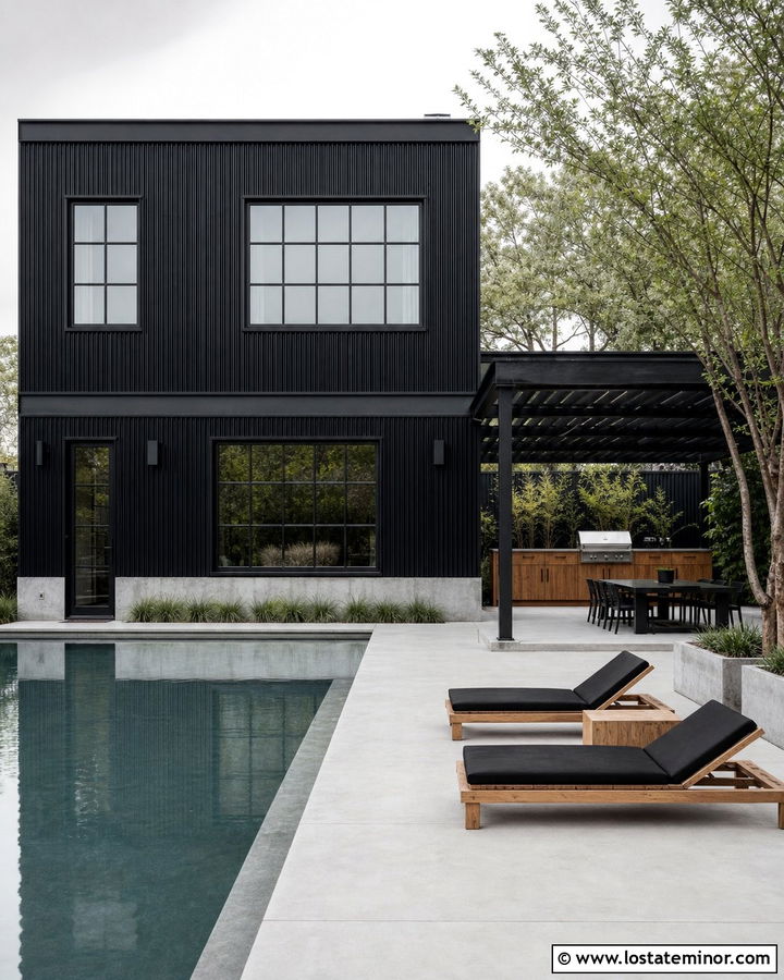 Industrial Jet Black House With Pool - 30 Jet Black House Design With Swimming Pool Ideas