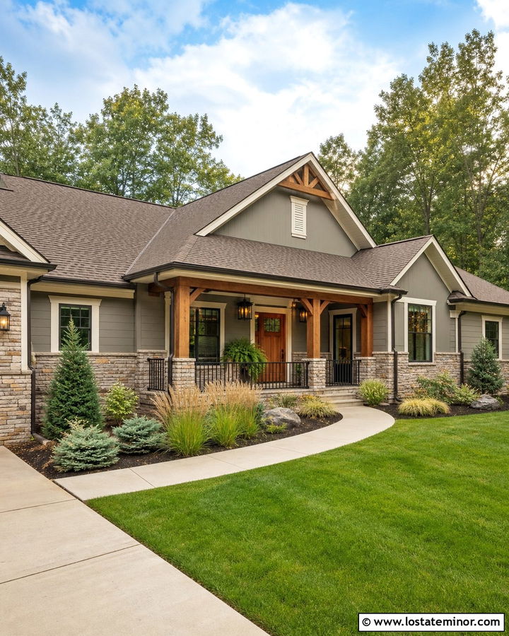 Intellectual Gray Ranch With Wood Porch Columns - 30 Taupe House Design With Porch Columns Ideas