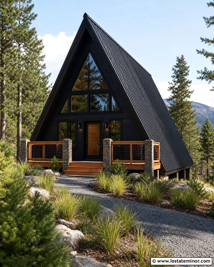 Jet Black A Frame House With Black Storm Door - 30 Jet Black House Design With Storm Door Ideas