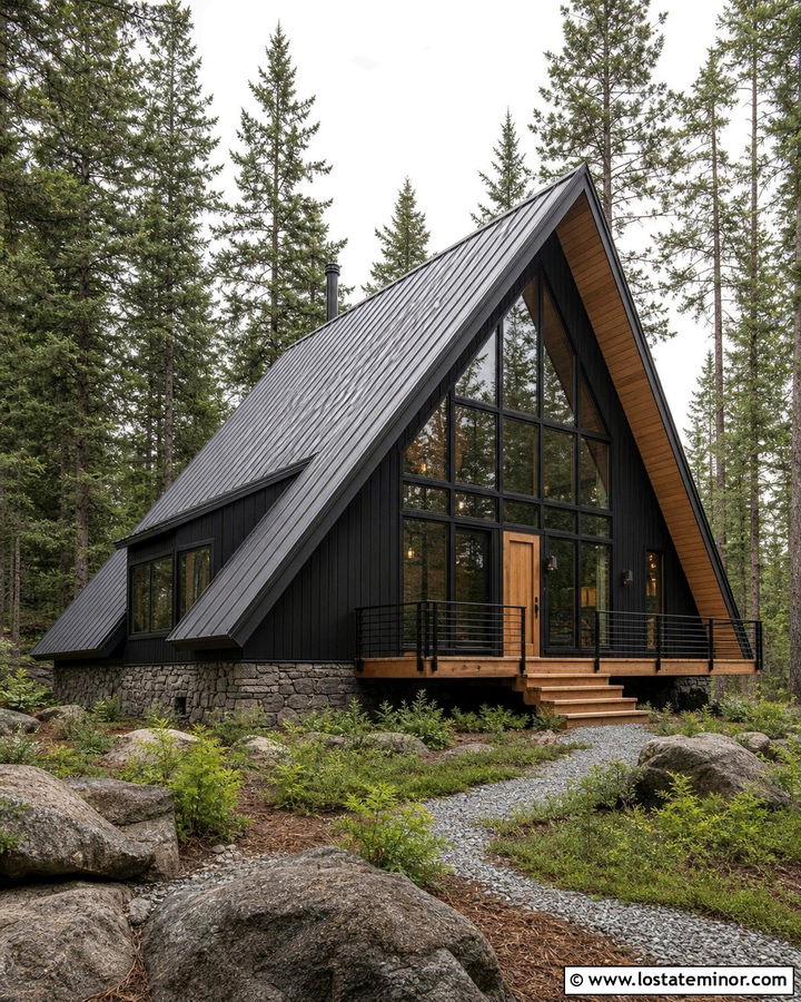 Jet Black A Frame House With Black Windows - 30 Jet Black House Design With Window Frames Ideas